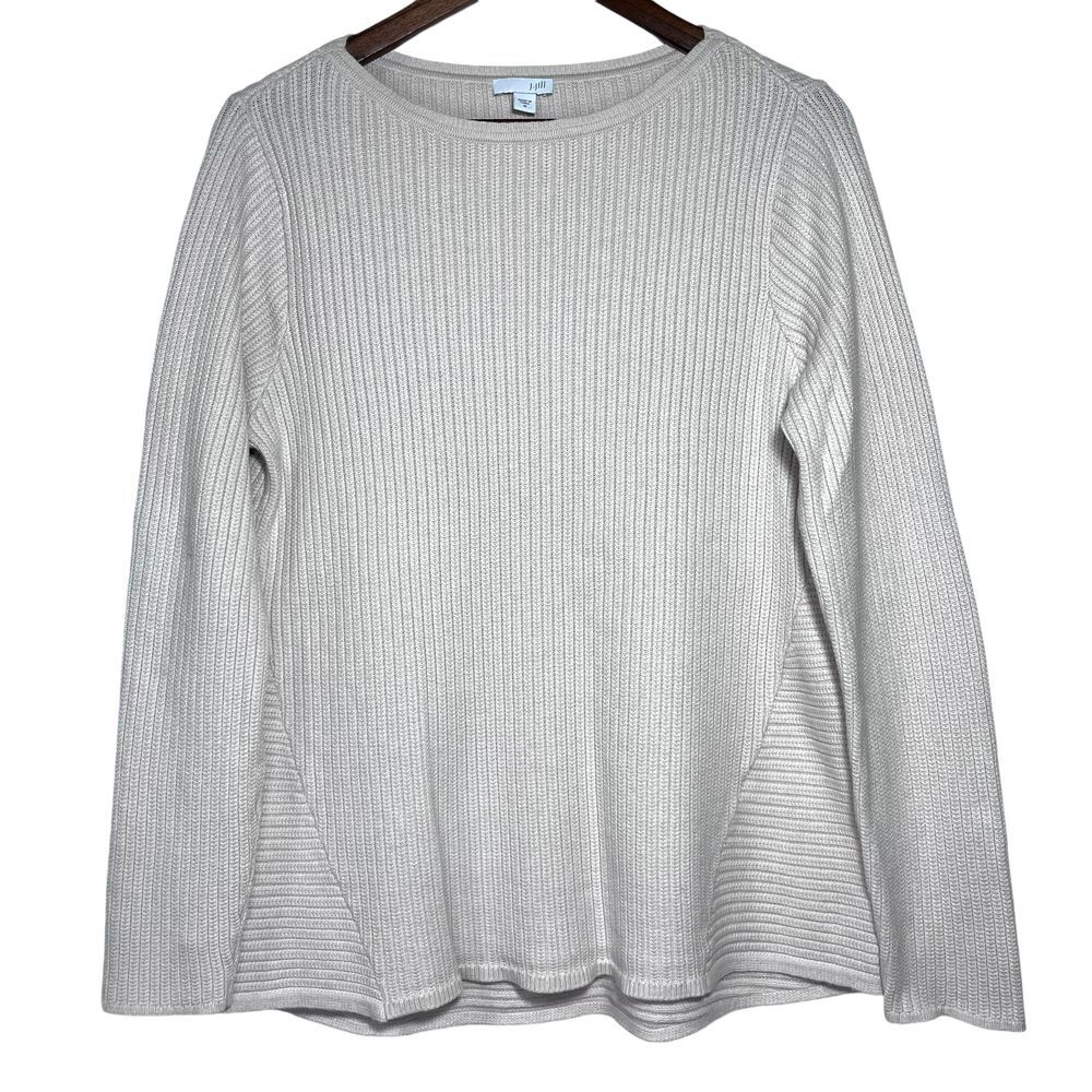 J. Jill Sweater Medium Tight Knit Boat Neck Classic Oatmeal Beige Stretch Cotton